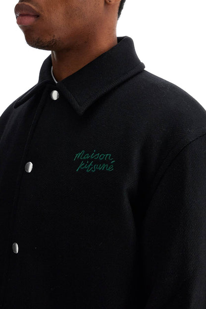 Black Wool Varsity Jacket With Embroidery  - Black