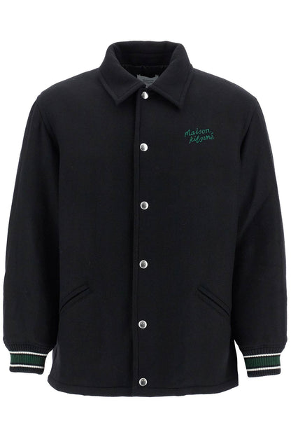 Black Wool Varsity Jacket With Embroidery  - Black