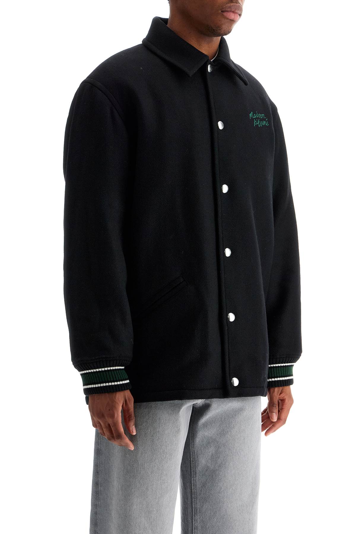 Black Wool Varsity Jacket With Embroidery  - Black