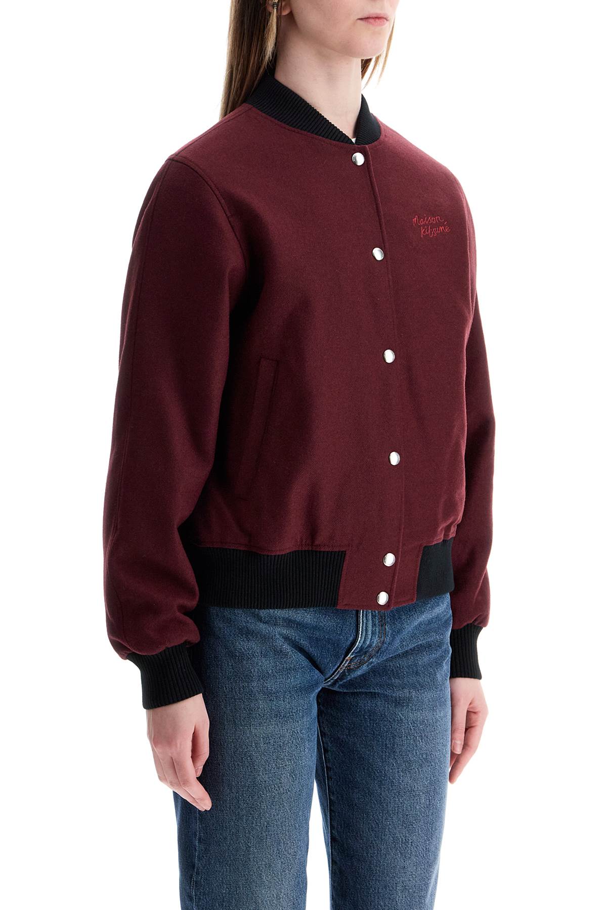 Men's Bordeaux Wool Teddy Jacket With Fox Embroidery  - Red