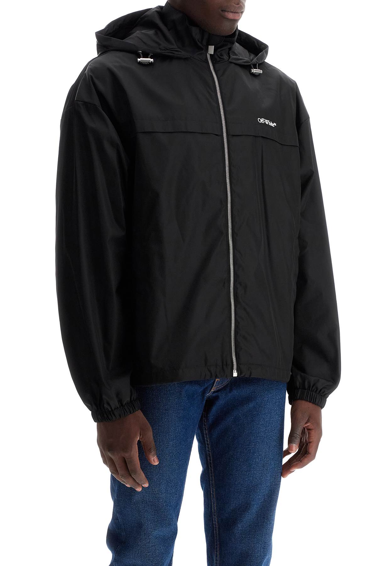 Boxy Windbreaker Jacket With Hood  - Black