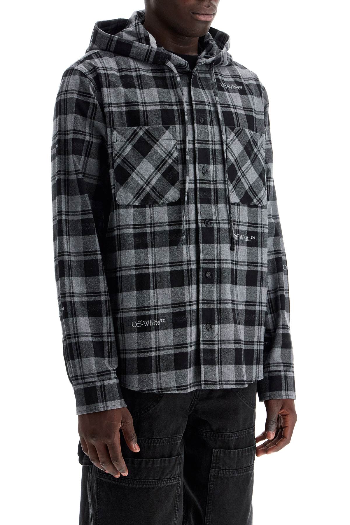 Checked Overshirt With Hood  - Grey