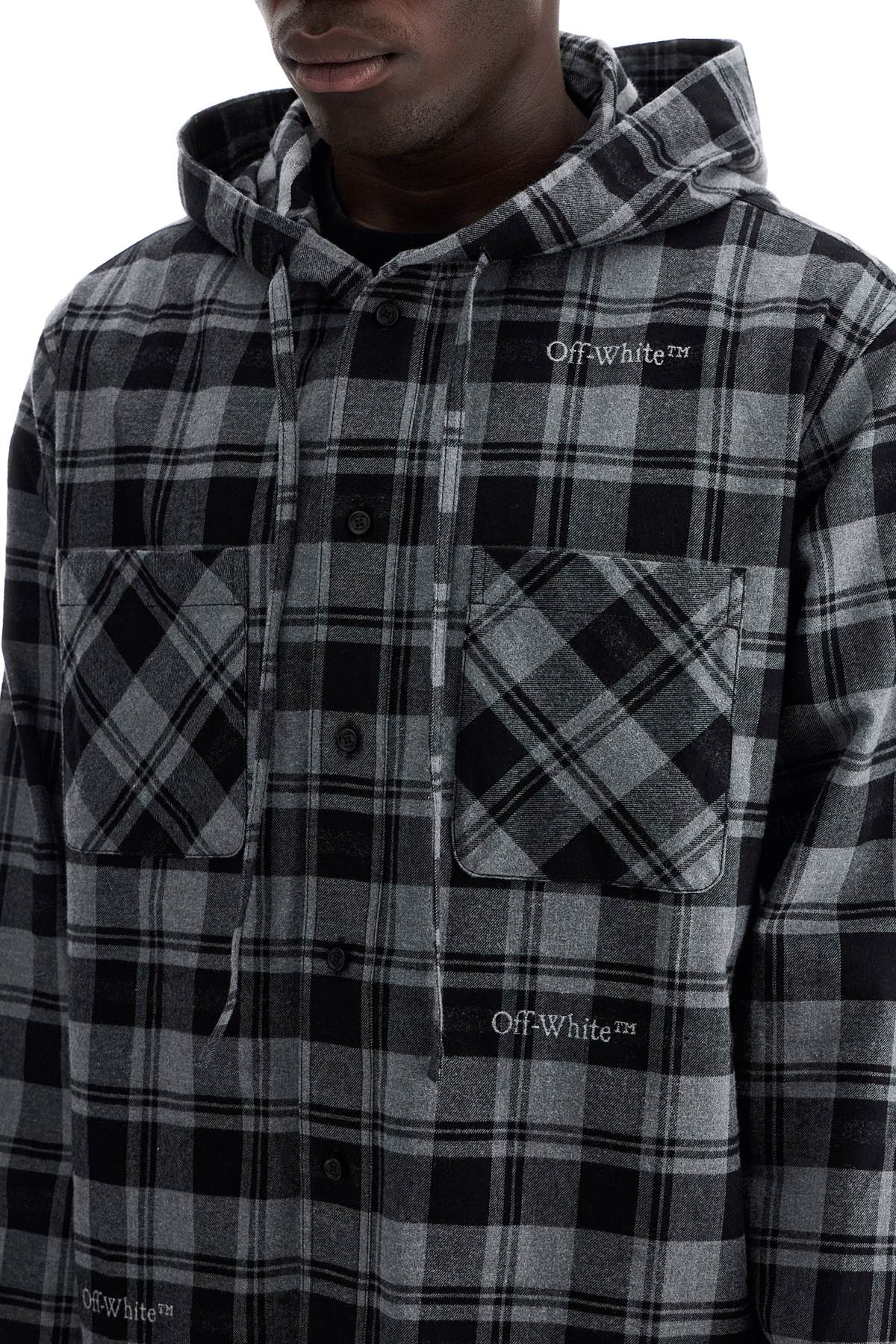 Checked Overshirt With Hood  - Grey