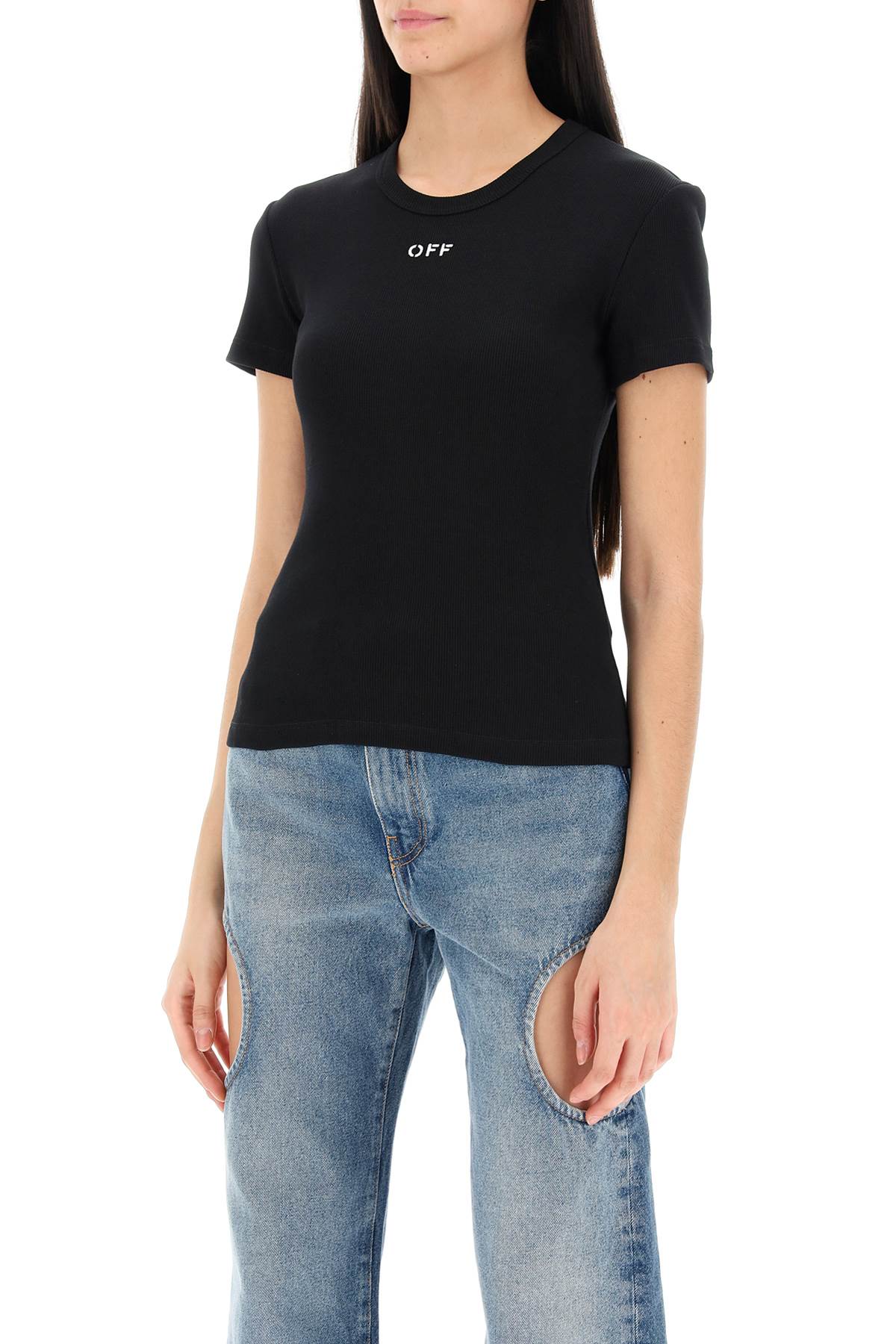 Ribbed T-shirt With Off Embroidery  - Black