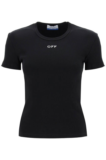 Ribbed T-shirt With Off Embroidery  - Black