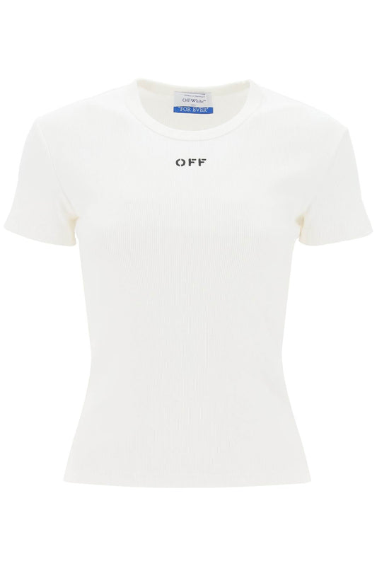 Ribbed T-shirt With Off Embroidery  - White