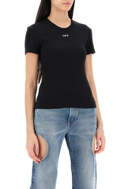 Ribbed T-shirt With Off Embroidery  - Black