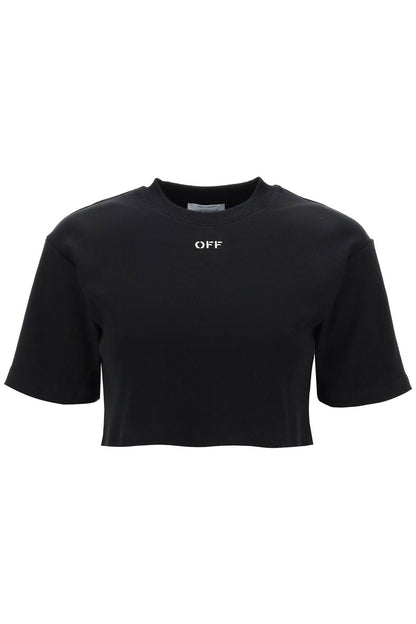 Cropped T-shirt With Off Embroidery  - Black