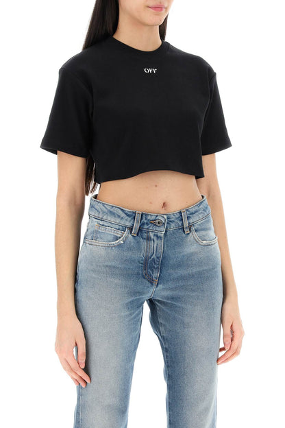 Cropped T-shirt With Off Embroidery  - Black