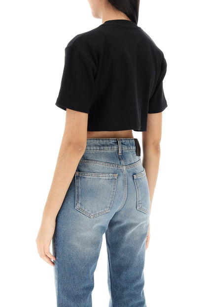 Cropped T-shirt With Off Embroidery  - Black