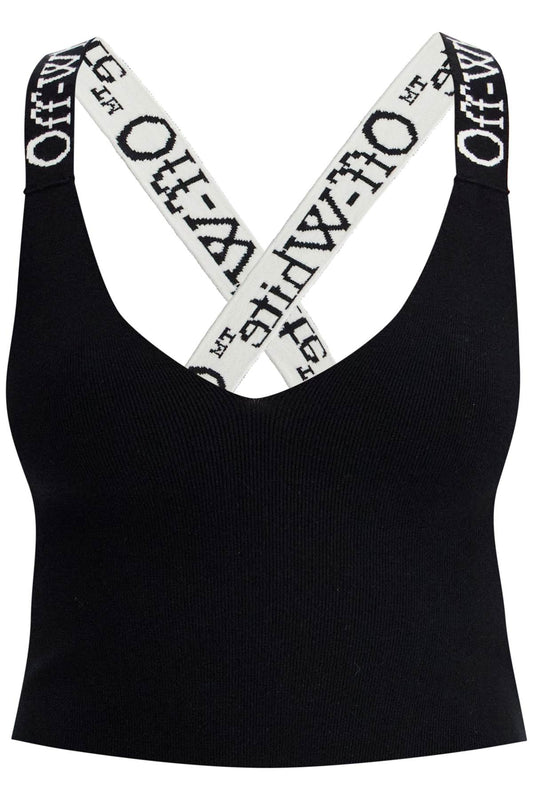 Knitted Crop Top With Branded Straps  - Black