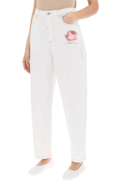 "jeans With Embroidered Logo And Flower Patch  - White