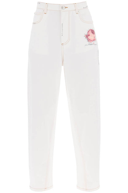 "jeans With Embroidered Logo And Flower Patch  - White