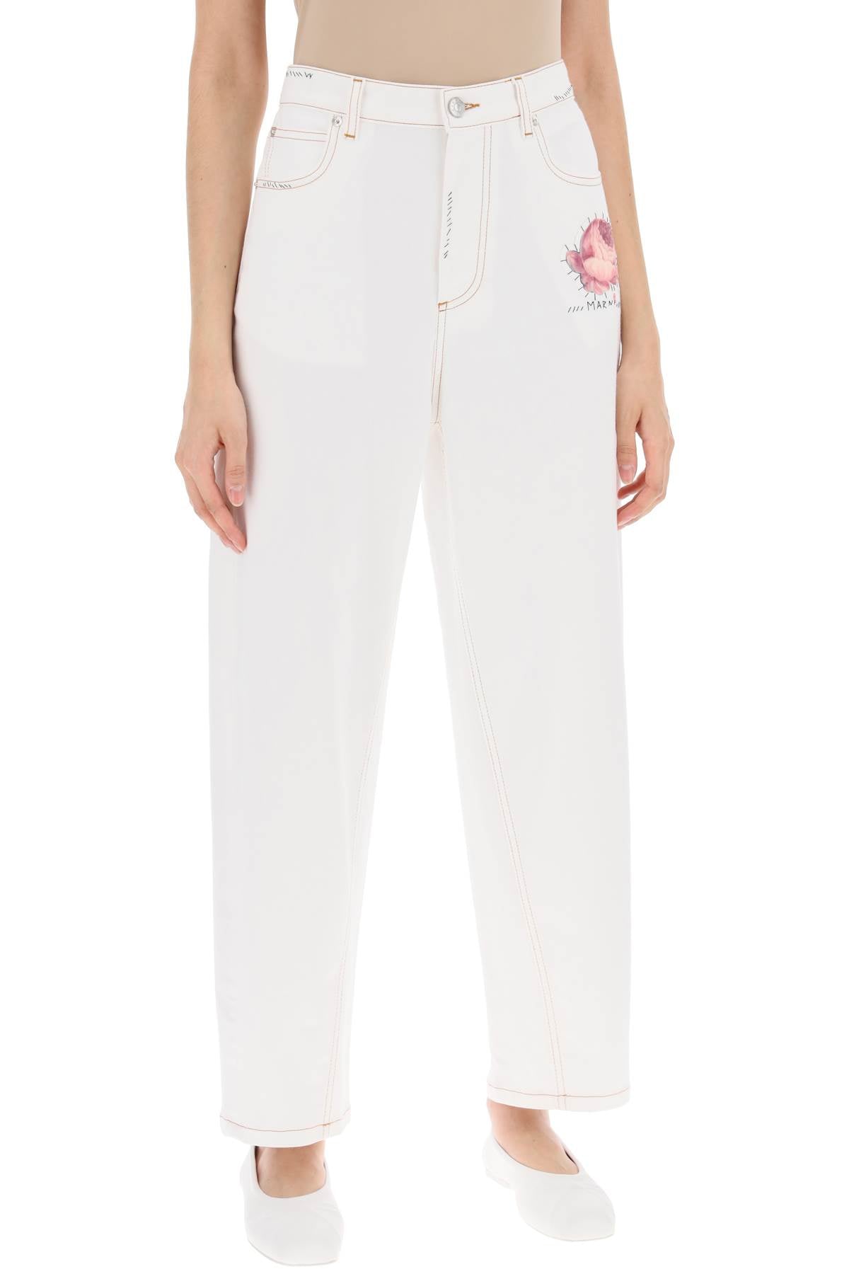 "jeans With Embroidered Logo And Flower Patch  - White