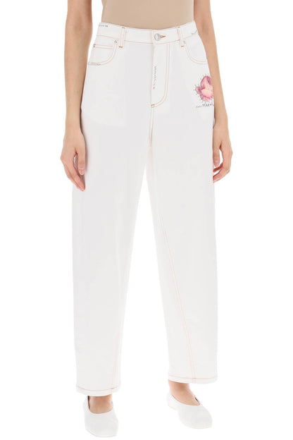 "jeans With Embroidered Logo And Flower Patch  - White