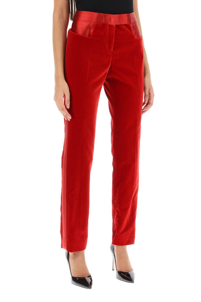 Velvet Pants With Satin Bands  - Rosso