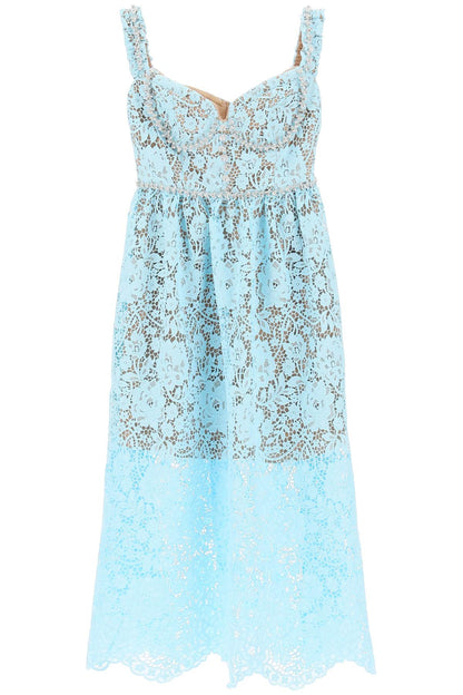 Midi Dress In Floral Lace With Crystals  - Light Blue