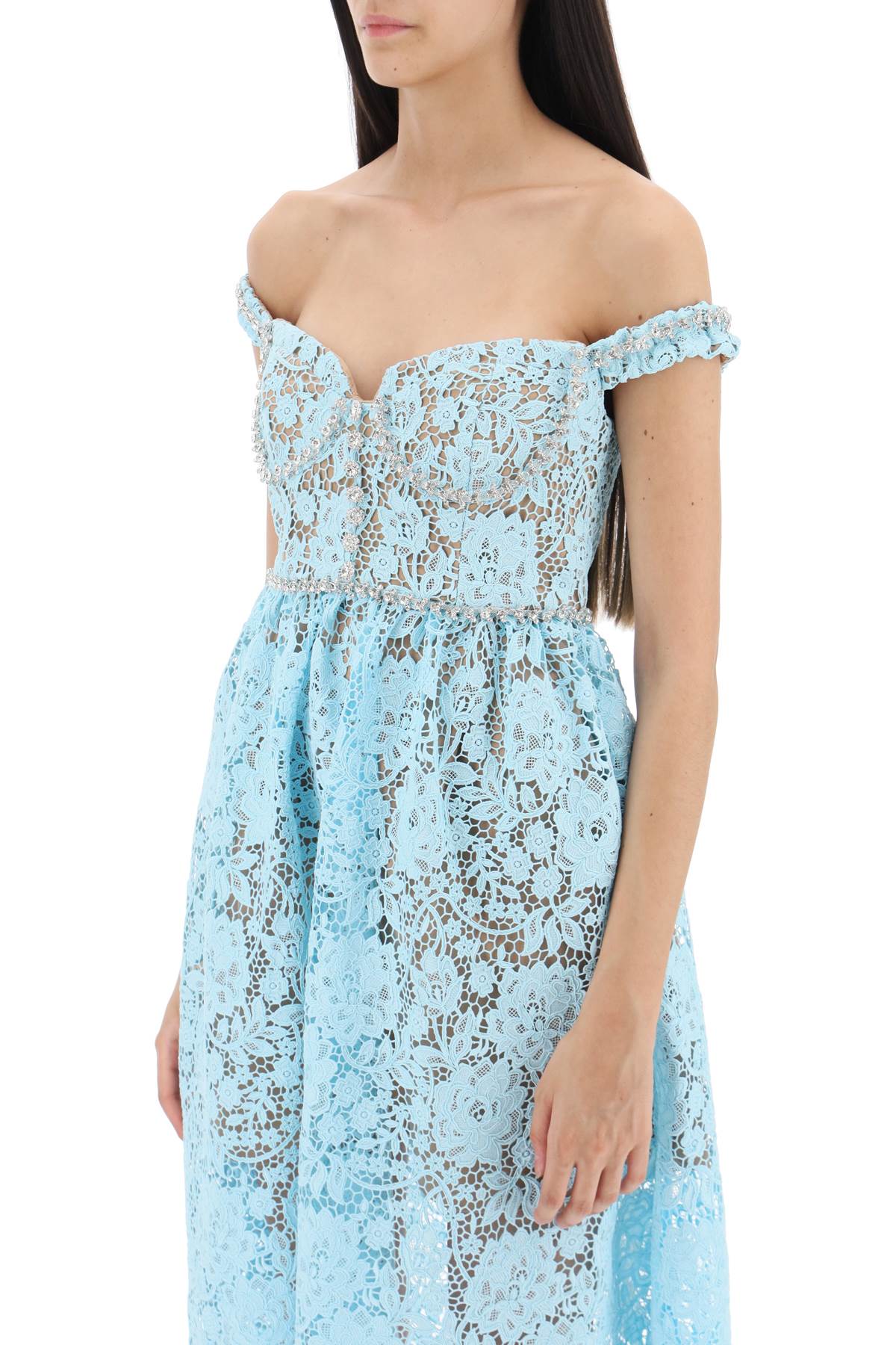 Midi Dress In Floral Lace With Crystals  - Light Blue