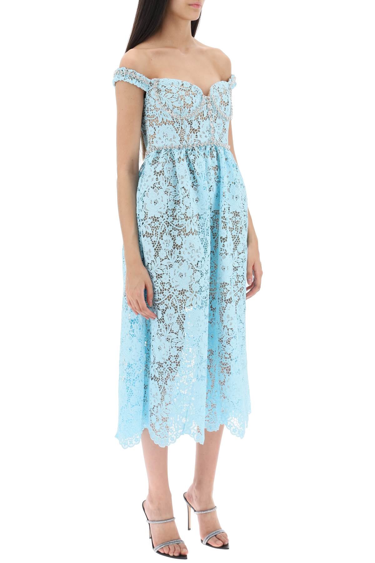 Midi Dress In Floral Lace With Crystals  - Light Blue