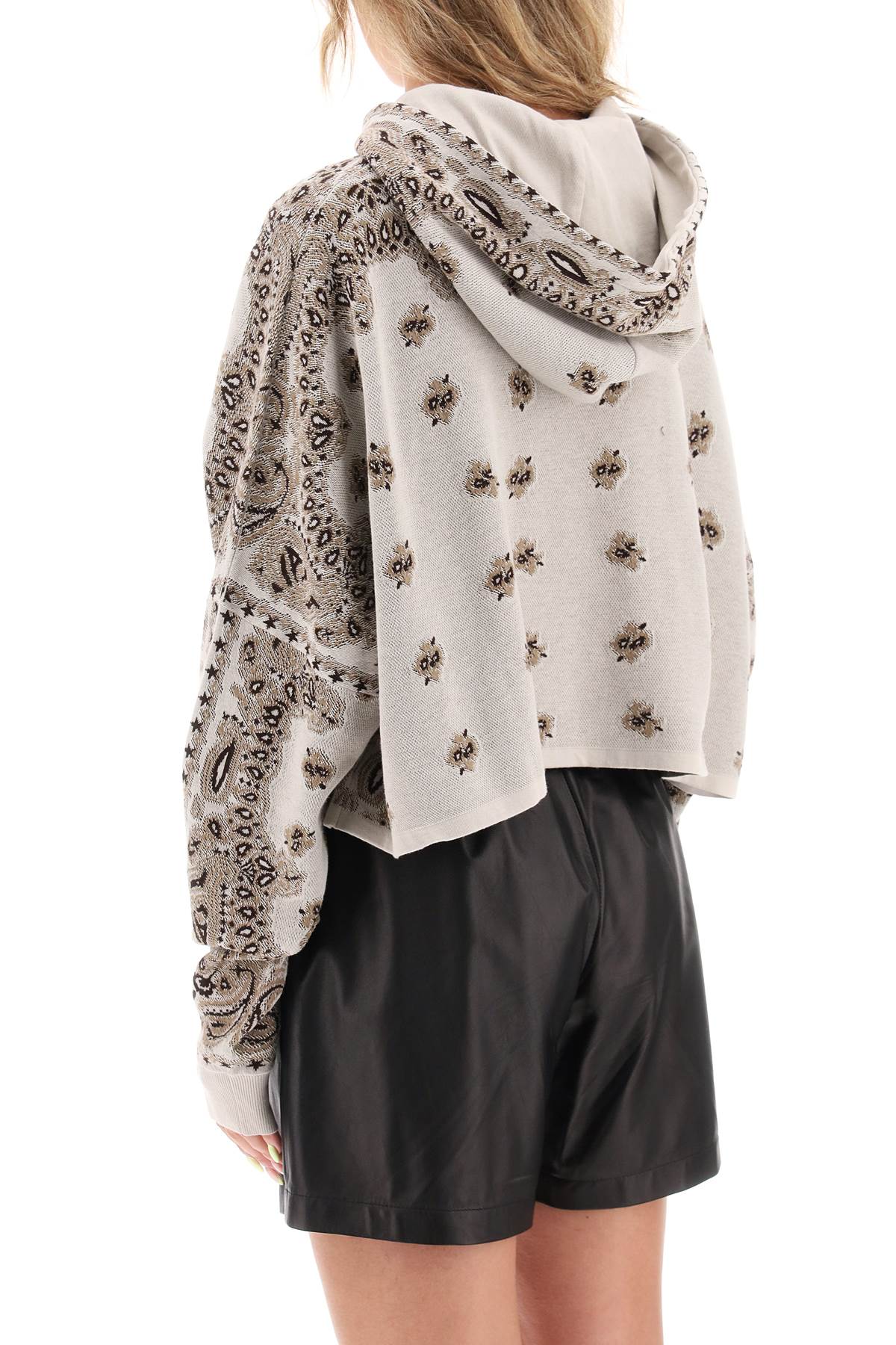 Knitted Cropped Hoodie With Bandana Motif  - Beige