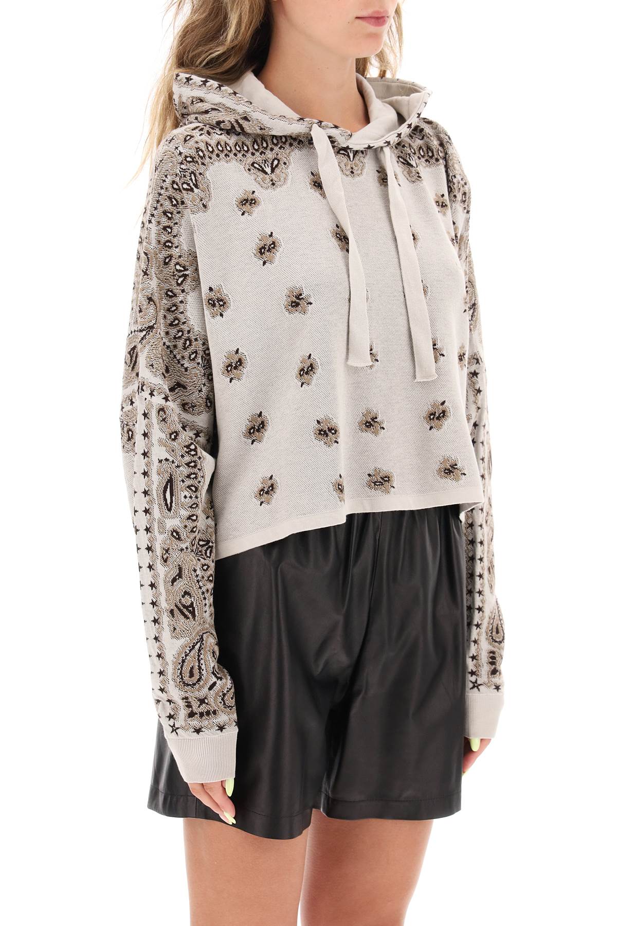 Knitted Cropped Hoodie With Bandana Motif  - Beige