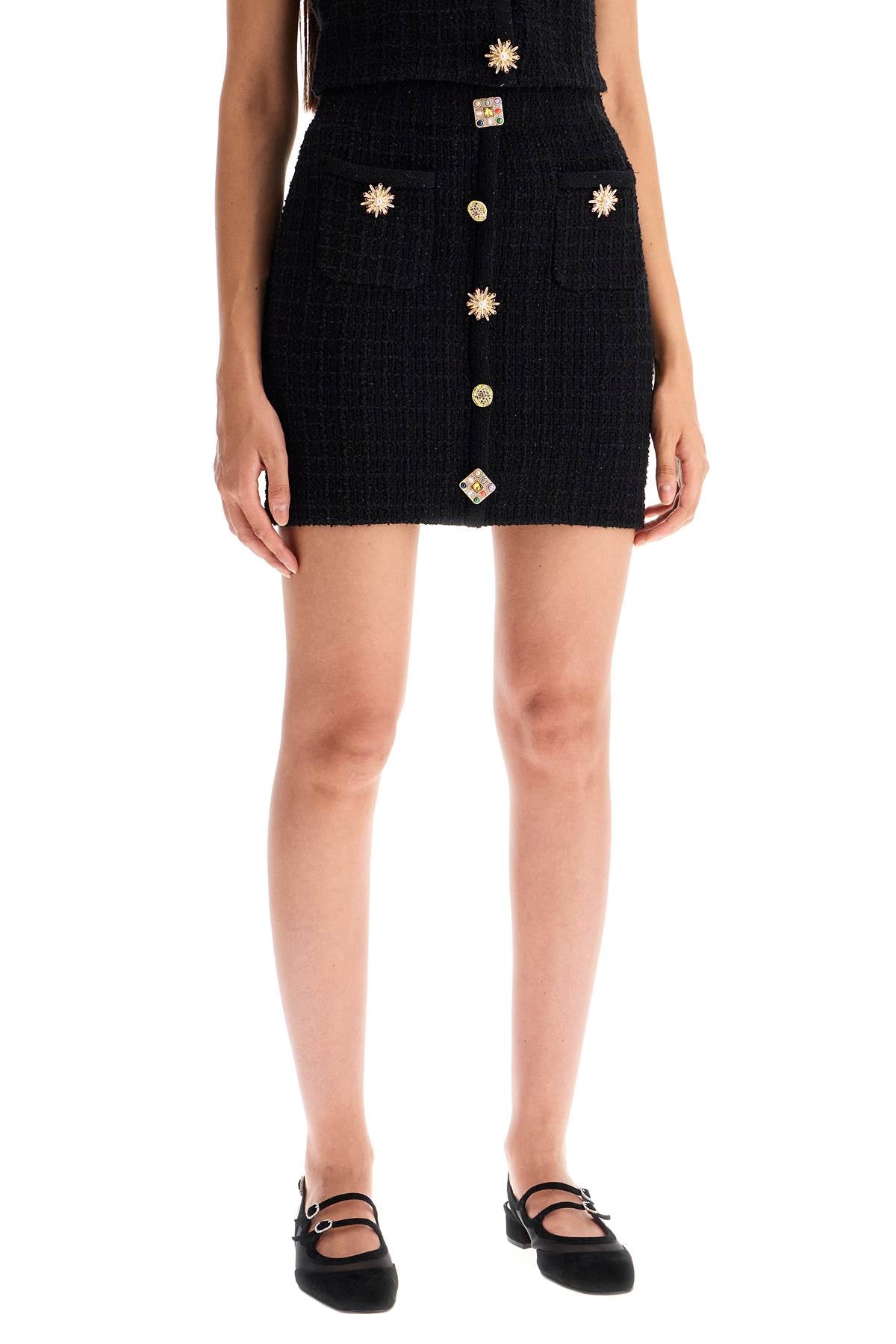 "knitted Mini Skirt With Jewel Buttons  - Black