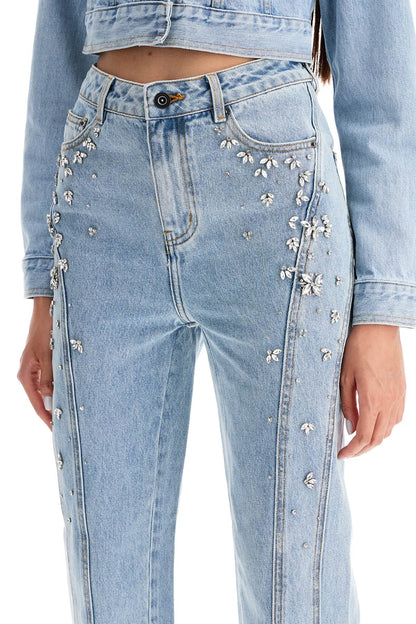 Straight Jeans With Crystals  - Blue