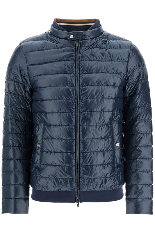 Dark Blue Lightweight Quilted Nylon Down Jacket With High Collar  - Blue