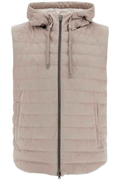 Sleeveless Down Jacket In Dove Gray Polyester With Quilted Hood  - Beige