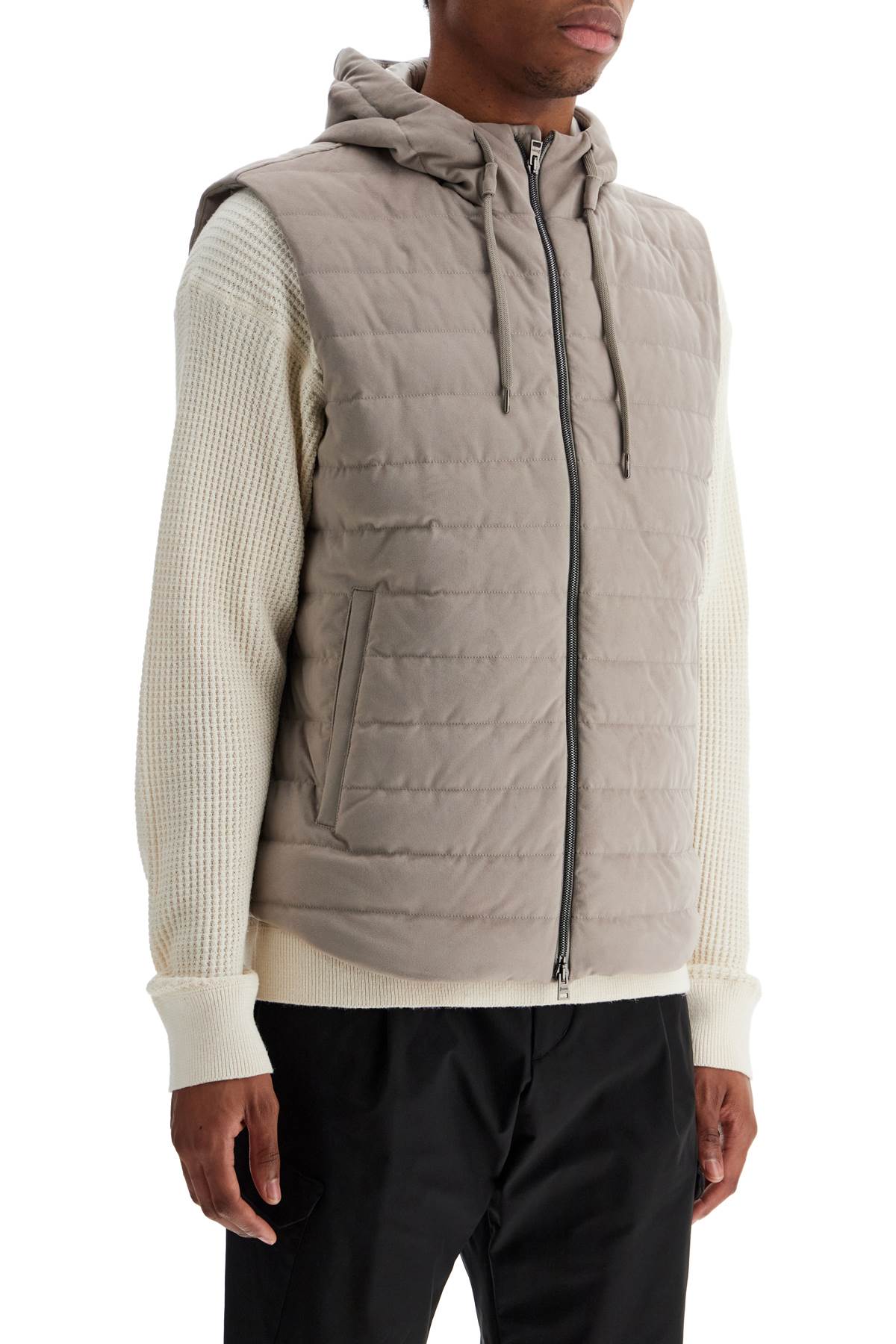 Sleeveless Down Jacket In Dove Gray Polyester With Quilted Hood  - Beige