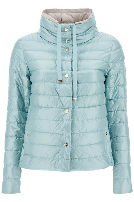 Short Puffer Jacket In Ice Blue Nylon With Metal Buttons  - Blue