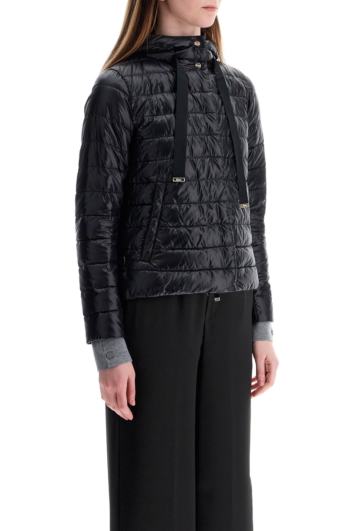 Ultra-lightweight Black Nylon Down Jacket With Hood  - Black