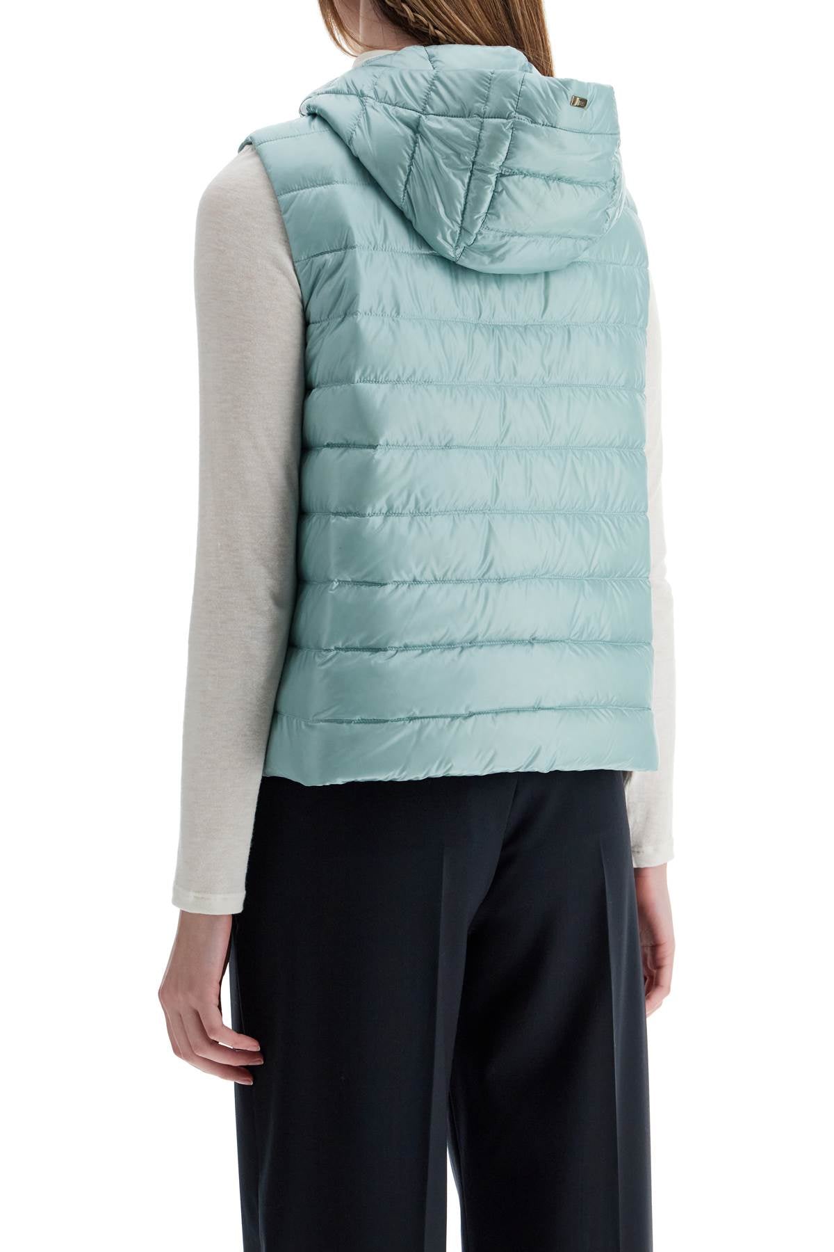 Light Blue Quilted Nylon Gilet With Hood  - Blue