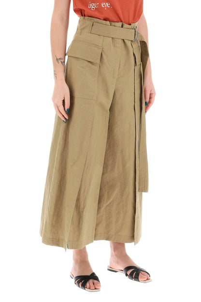 Flared Linen And Cotton Trousers  - Khaki