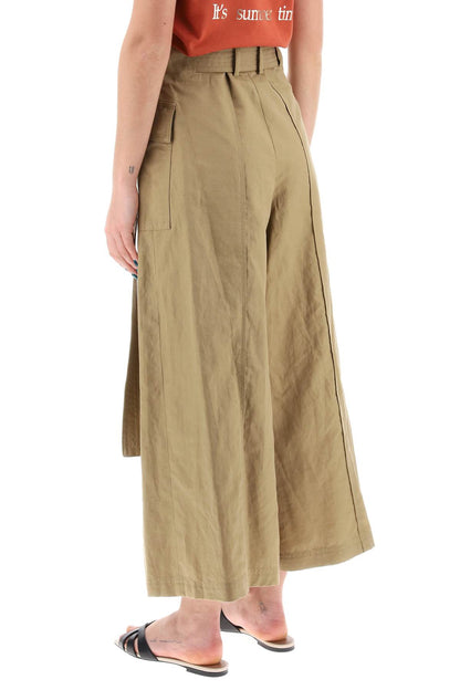 Flared Linen And Cotton Trousers  - Khaki