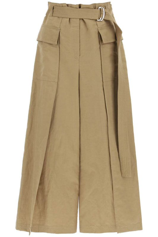 Flared Linen And Cotton Trousers  - Khaki