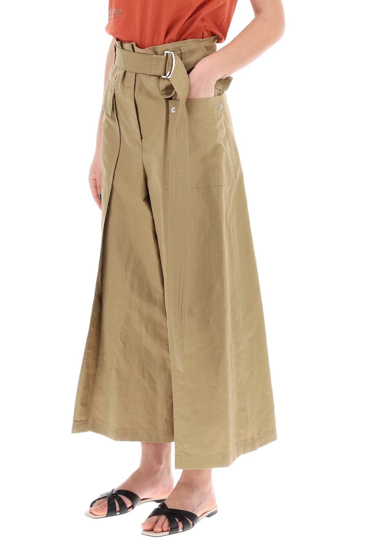 Flared Linen And Cotton Trousers  - Khaki