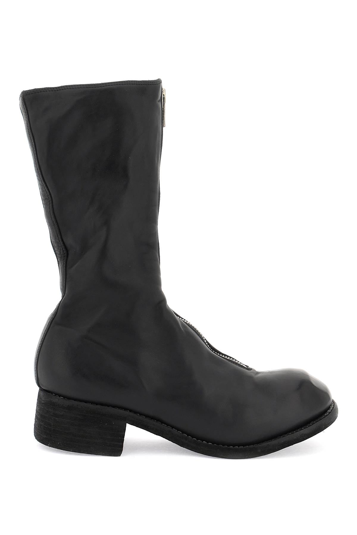 Front Zip Leather Boots  - Black