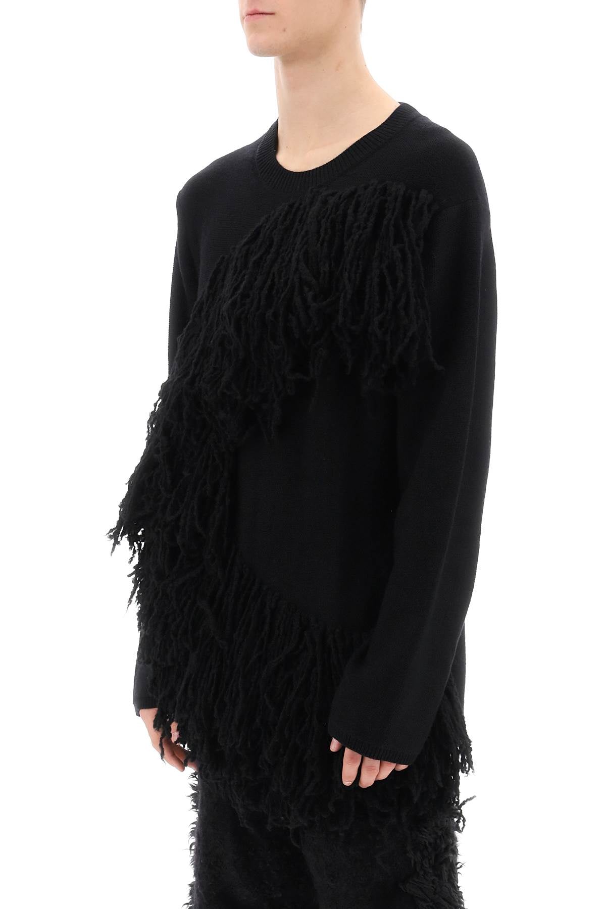 Wool Sweater With Fringes  - Nero