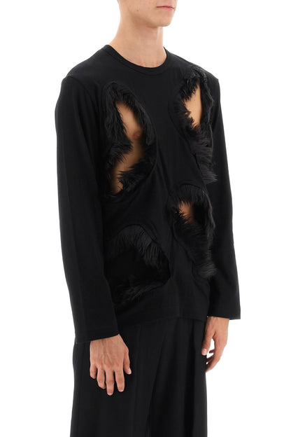 Long-sleeved T-shirt With Faux Fur-trimmed Cut-outs  - Black