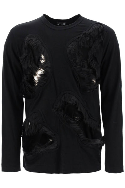 Long-sleeved T-shirt With Faux Fur-trimmed Cut-outs  - Black