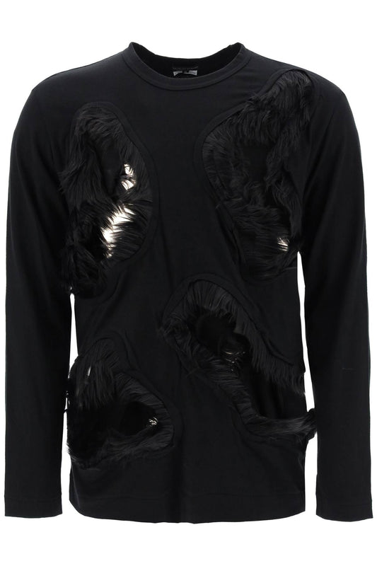 Long-sleeved T-shirt With Faux Fur-trimmed Cut-outs  - Black