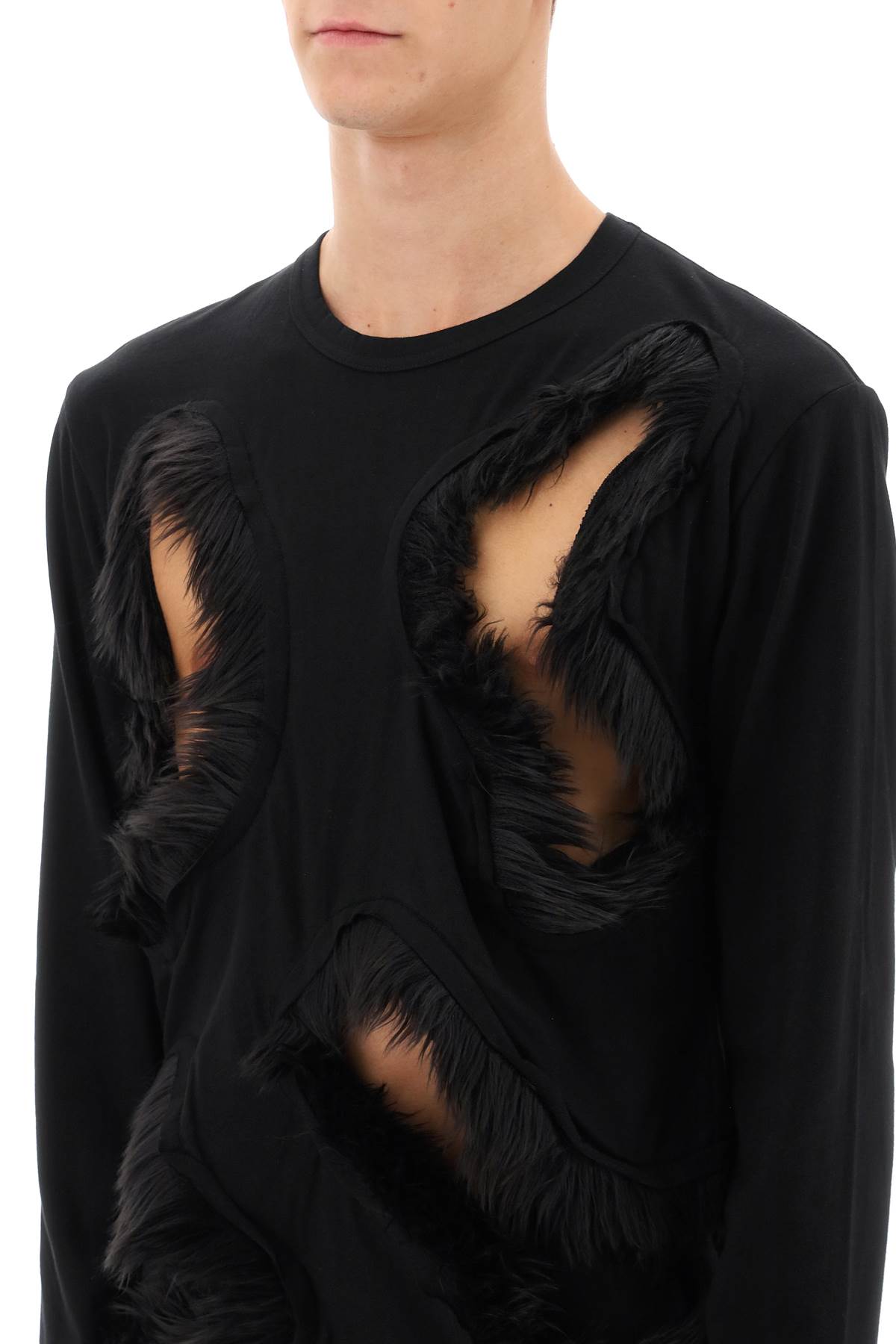 Long-sleeved T-shirt With Faux Fur-trimmed Cut-outs  - Black