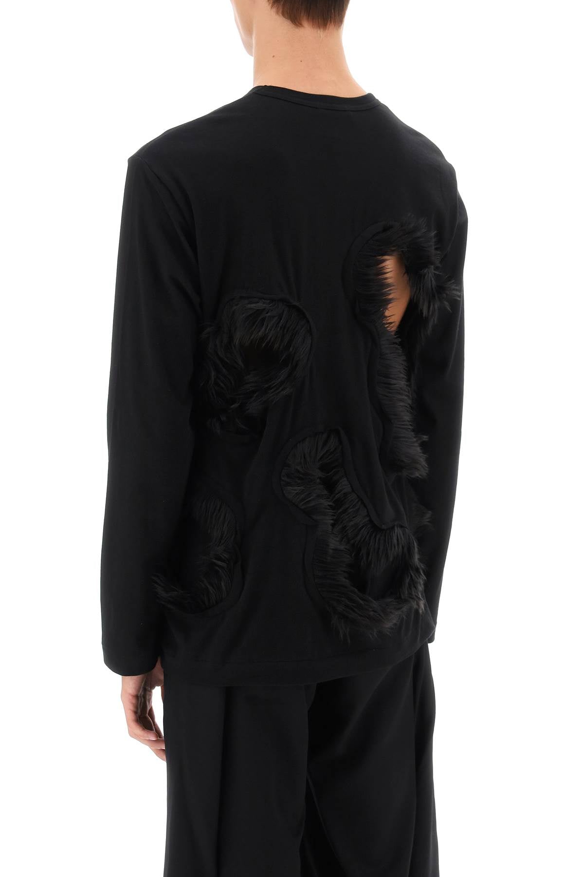 Long-sleeved T-shirt With Faux Fur-trimmed Cut-outs  - Black