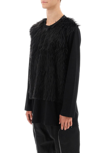 Faux Fur Sleeve T-shirt  - Nero