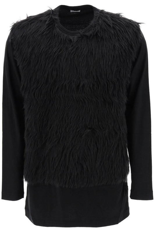 Faux Fur Sleeve T-shirt  - Nero