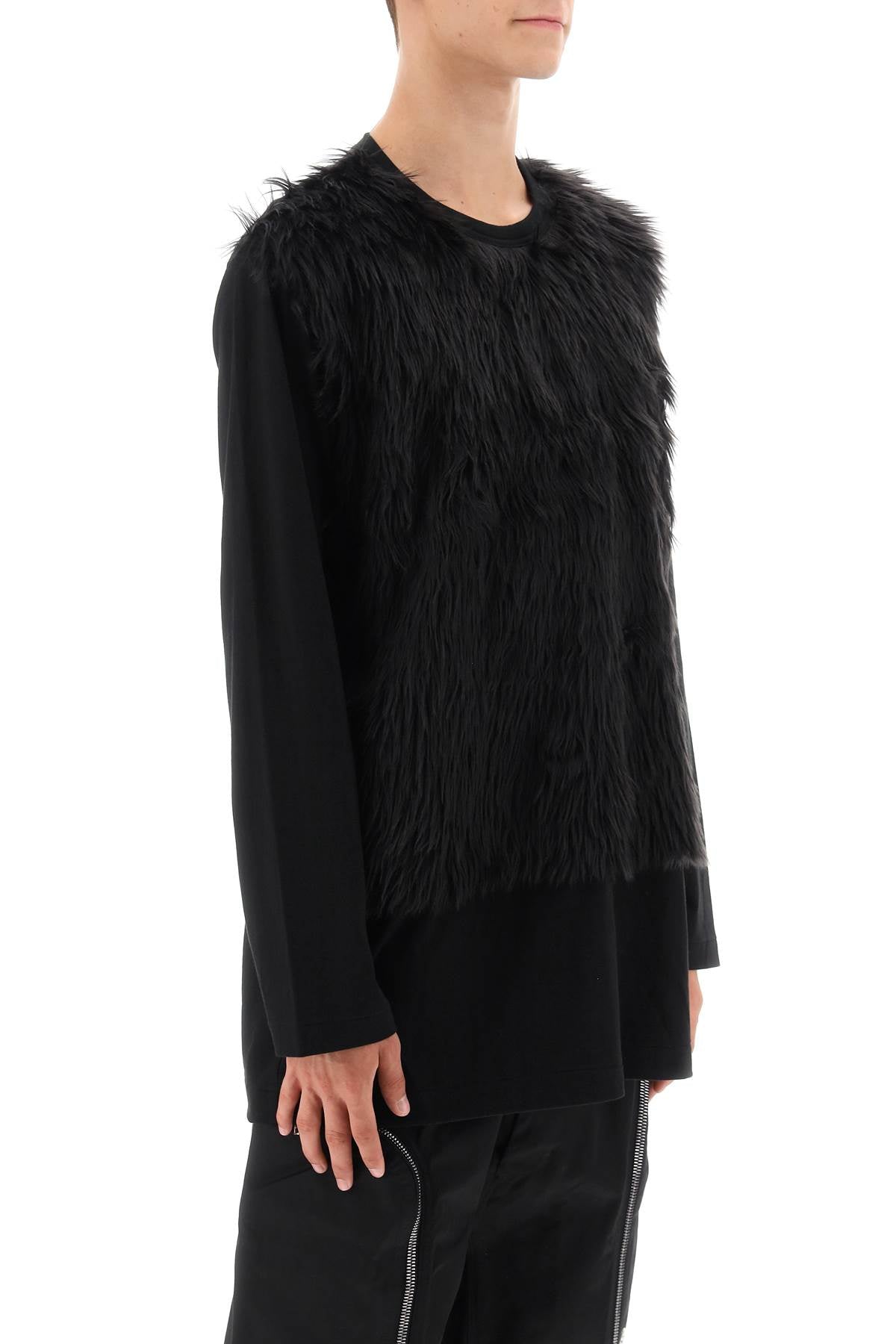 Faux Fur Sleeve T-shirt  - Nero