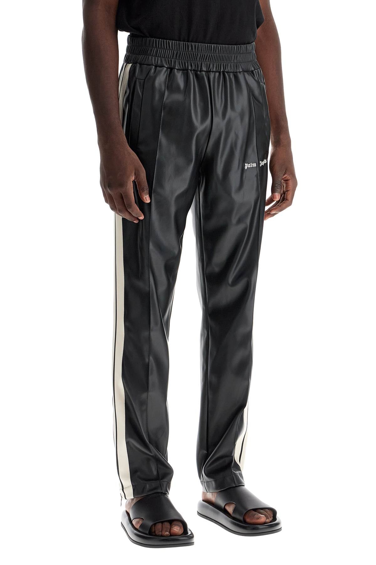 Faux Leather Joggers With Side Stripes  - Black