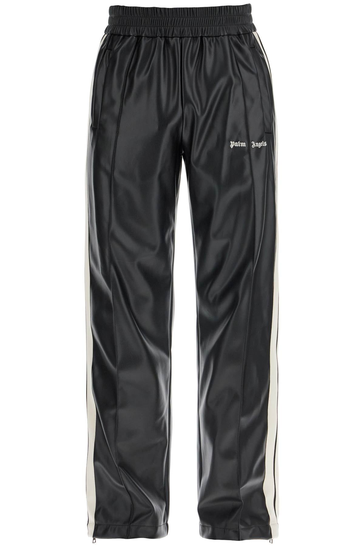 Faux Leather Joggers With Side Stripes  - Black