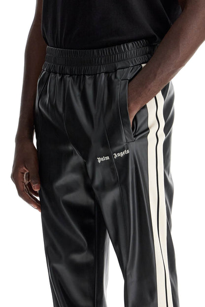 Faux Leather Joggers With Side Stripes  - Black